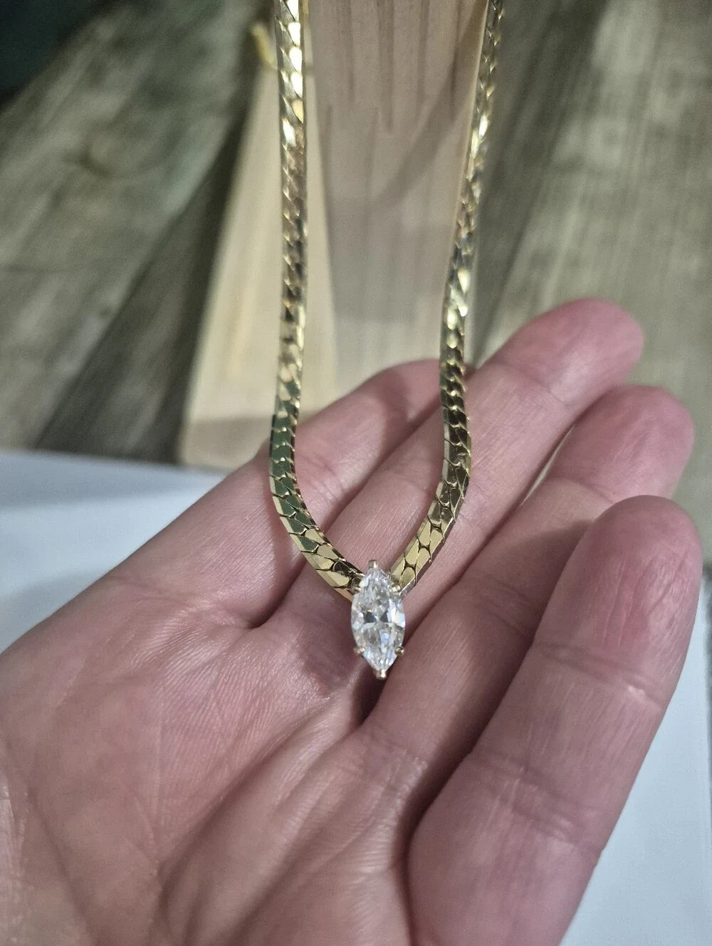 Vintage Herringbone Chain & White Marquise Cut Gem Necklace Gold